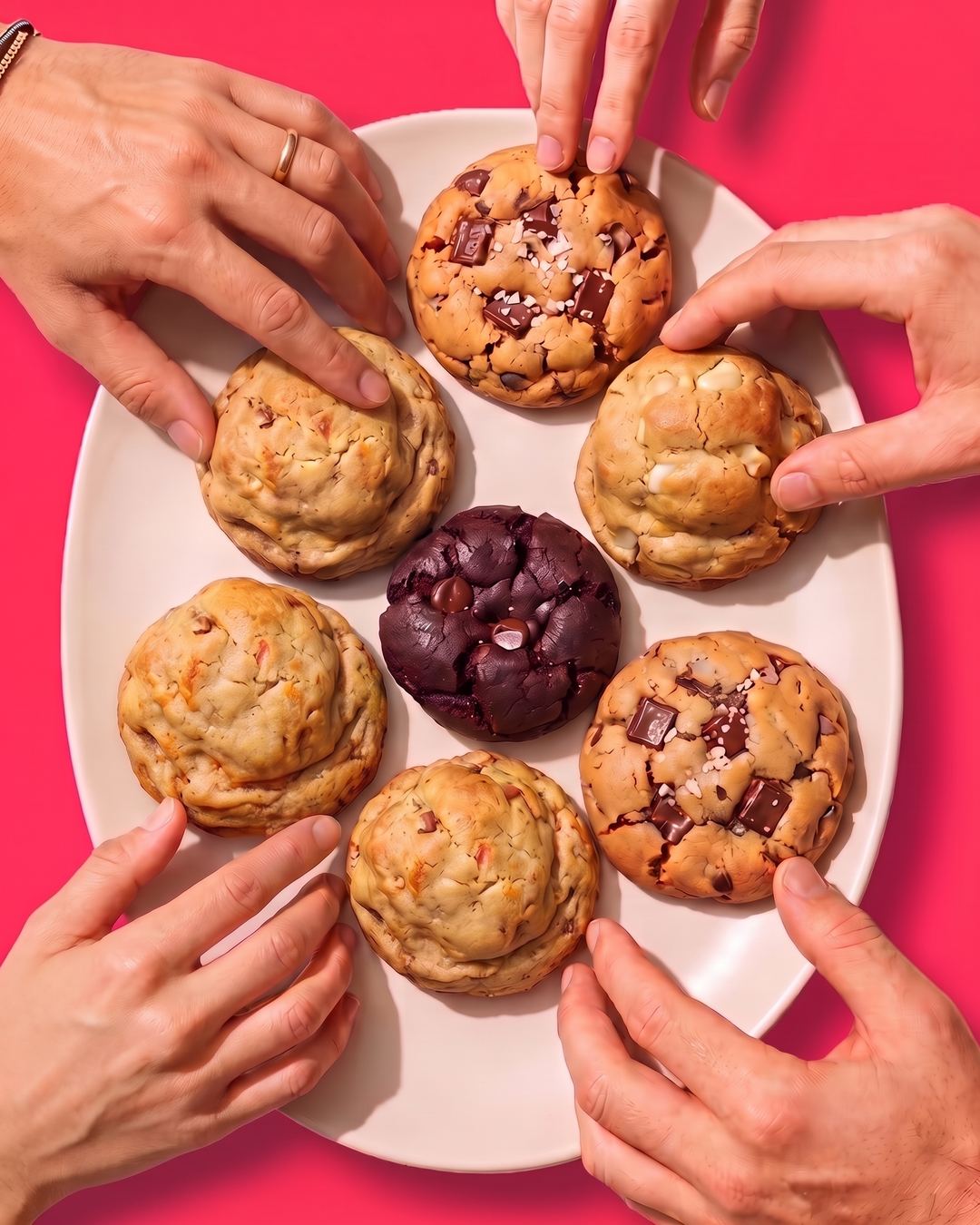 Seven Amare cookies on a cream plate, with hands reaching in from every side